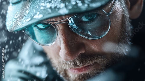 A striking portrait of a bearded man with a steely gaze, wearing winter clothing and glasses, with a dynamic expression that reflects determination and strength.