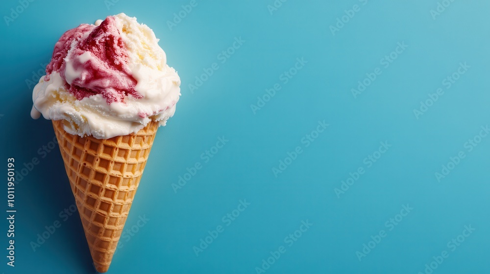 A waffle cone filled with swirled ice cream features a delightful mix of strawberry and vanilla, creating a tempting and vibrant treat against a blue backdrop. A waffle cone filled with swirled ice cream features a delightful mix of strawberry and vanilla, creating a tempting and vibrant treat against a blue backdrop.