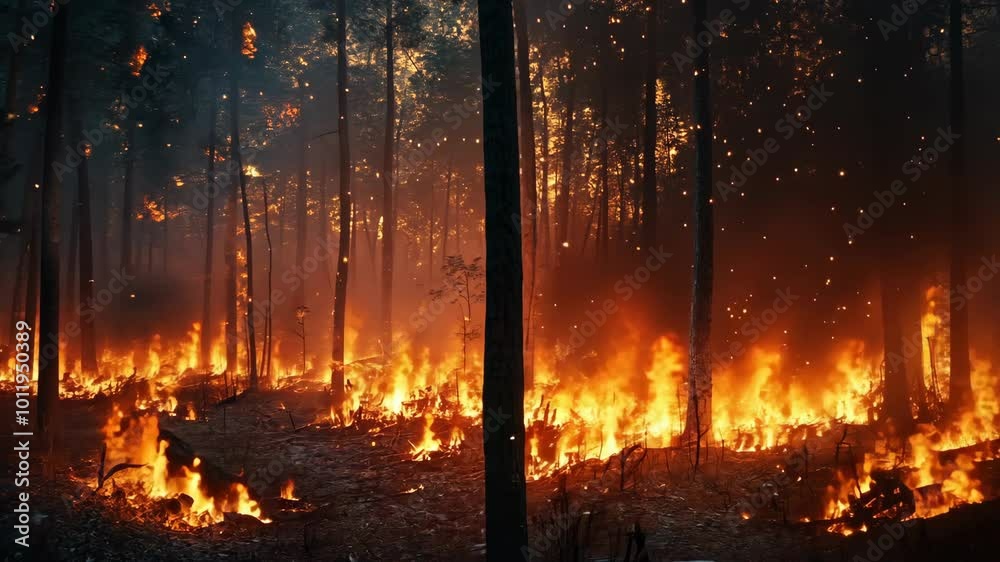 A forest fire burns brightly through a dense stand of trees A forest fire burns brightly through a dense stand of trees