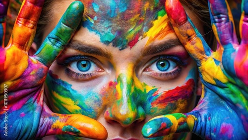 Close-up of hands exploring textures in a creative art project with vibrant colors and materials