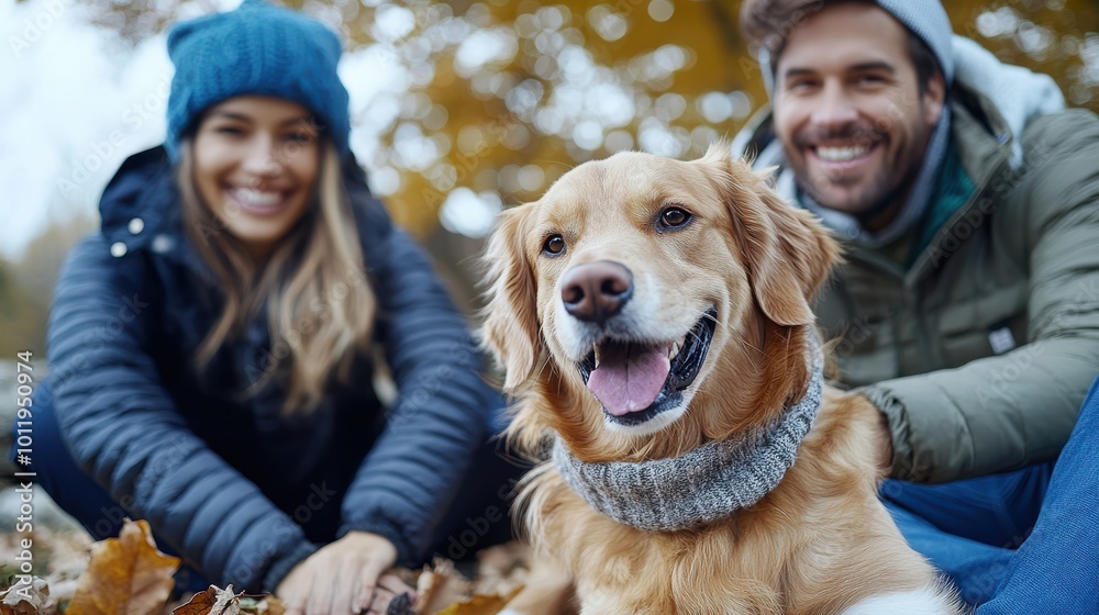 A joyful couple in warm clothes, sit with their golden retriever in an autumn park setting, surrounded by colorful leaves, capturing a moment of happiness and companionship. A joyful couple in warm clothes, sit with their golden retriever in an autumn park setting, surrounded by colorful leaves, capturing a moment of happiness and companionship.