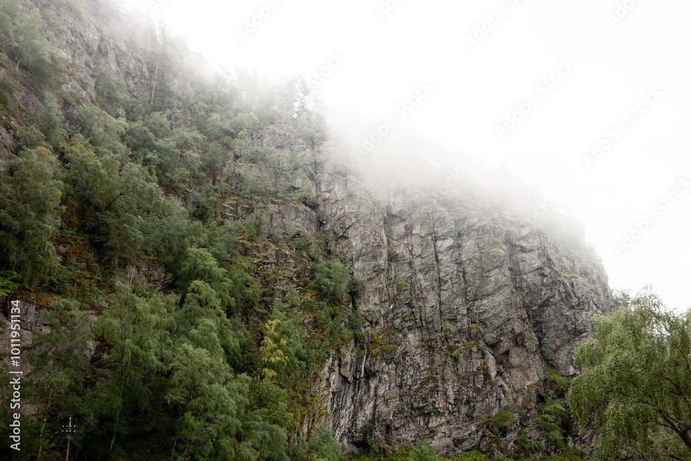 Φωτογραφία Steep rocks in Norway near Borgund city with fog