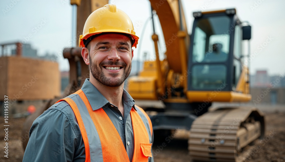 Portrait of an excavator operator with blurred background for construction ads. Portrait of an excavator operator with blurred background for construction ads.