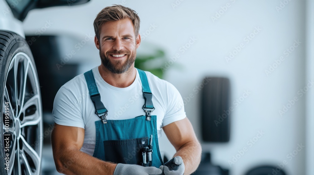 A cheerful male mechanic in a white t-shirt and blue overalls is posing next to a car tire, showing confidence and professionalism in an automotive workshop setting. A cheerful male mechanic in a white t-shirt and blue overalls is posing next to a car tire, showing confidence and professionalism in an automotive workshop setting.