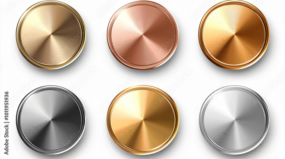 A set of metal chrome circle buttons is presented in vector format, featuring metallic rose gold, bronze, silver, steel, holographic, and golden badges A set of metal chrome circle buttons is presented in vector format, featuring metallic rose gold, bronze, silver, steel, holographic, and golden badges