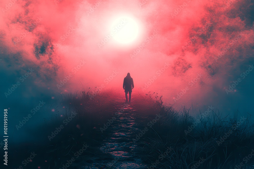A solitary figure walks along a misty path illuminated by a bright, surreal sun, creating an ethereal atmosphere, This image is perfect for themes of solitude, introspection A solitary figure walks along a misty path illuminated by a bright, surreal sun, creating an ethereal atmosphere, This image is perfect for themes of solitude, introspection