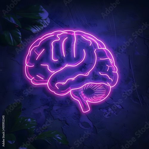 Glowing Neon Brain Outline Symbolizing Creative Thought and Cognition photo