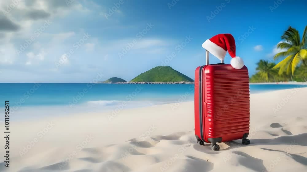 video of Red suitcase in Santa's hat on the tropical beach. Concept of Christmas or New year holidays video of Red suitcase in Santa's hat on the tropical beach. Concept of Christmas or New year holidays