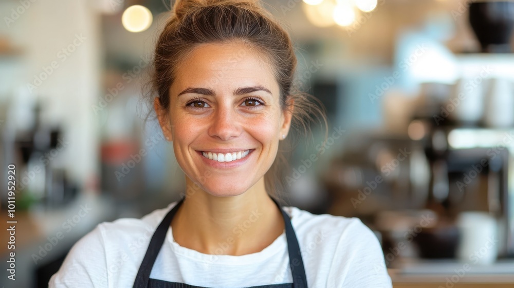 A joyful barista with a welcoming smile stands behind the counter of a bustling café, wearing an apron, surrounded by coffee-making equipment and customers. A joyful barista with a welcoming smile stands behind the counter of a bustling café, wearing an apron, surrounded by coffee-making equipment and customers.