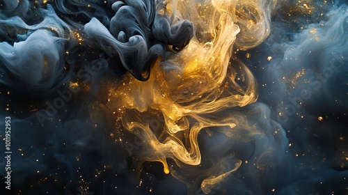 Shimmering gold with black smoke swirling like a luxury cloud, a vibrant underwater explosion captured in acrylic paint, and a cosmic dance of swirling ink. photo