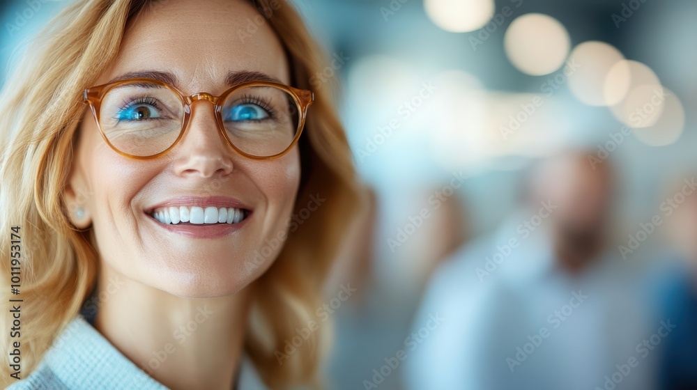 A cheerful woman with glasses smiling in an office setting, exuding confidence and positivity, representing professional success and satisfaction. A cheerful woman with glasses smiling in an office setting, exuding confidence and positivity, representing professional success and satisfaction.