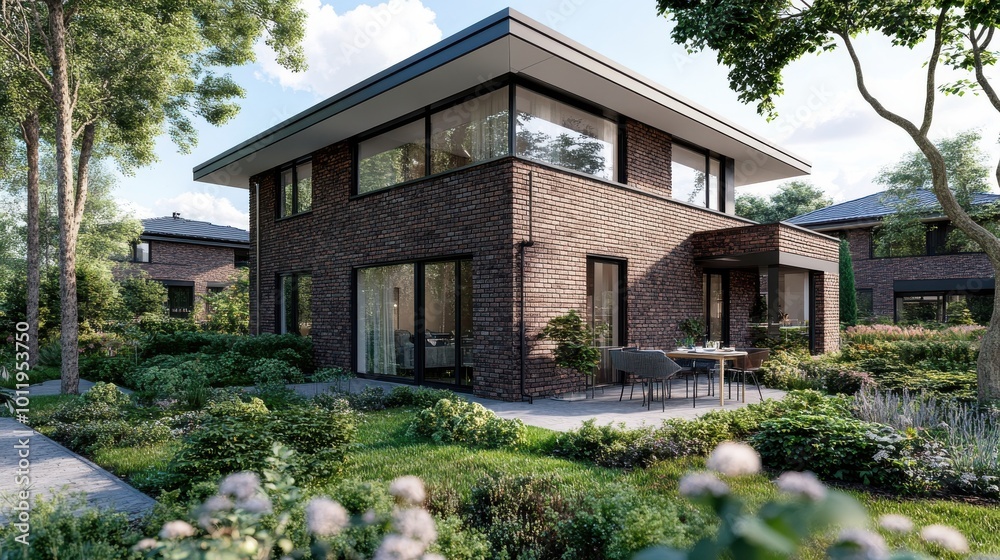 A stylish, modern brick house with expansive windows and outdoor seating is beautifully shown amid lush greenery, reflecting contemporary elegance and luxury living. A stylish, modern brick house with expansive windows and outdoor seating is beautifully shown amid lush greenery, reflecting contemporary elegance and luxury living.