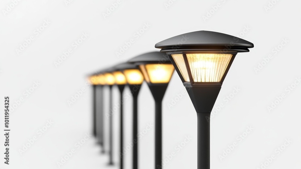 Outdoor solar garden lights aligned in a row on a white background perfect for landscape lighting and outdoor decor projects Outdoor solar garden lights aligned in a row on a white background perfect for landscape lighting and outdoor decor projects