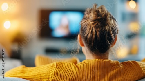 A person, wearing a yellow sweater, relaxes on a couch with arms stretched back, enjoying a calm moment while watching TV in a softly illuminated living room. photo