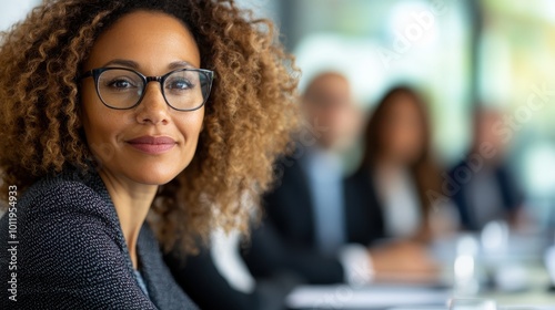 A confident woman with glasses and curly hair sits in a business meeting, exuding professionalism and focus, surrounded by colleagues in a modern office setting.