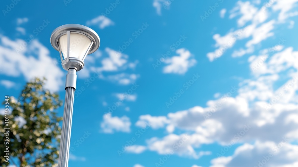 A stylish, elegant lamp post is prominently set against a blue sky filled with patches of fluffy clouds, highlighting the intersection of urban design and natural beauty. A stylish, elegant lamp post is prominently set against a blue sky filled with patches of fluffy clouds, highlighting the intersection of urban design and natural beauty.