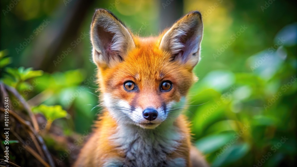 Fototapeta premium Close-Up of Vibrant Orange Fox Pup with Striking Eyes in Natural Woodland Habitat During Daylight