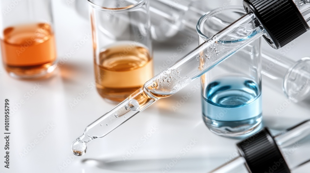 Close-up view of some droppers filled with colorful liquid solutions, emphasizing the interaction of drops and glass, representing precision and care in laboratory work. Close-up view of some droppers filled with colorful liquid solutions, emphasizing the interaction of drops and glass, representing precision and care in laboratory work.