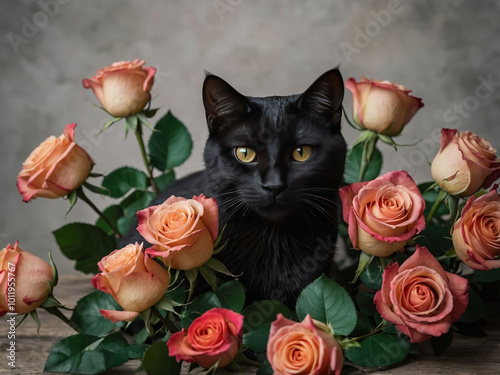 Black cat on a white background, background with flowers, roses on a white background. Image for postcards, banners.