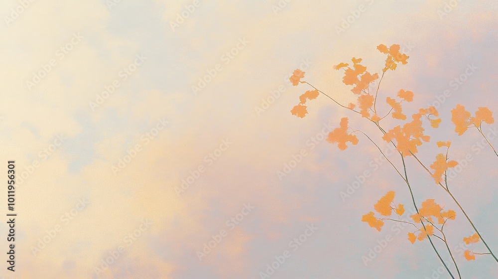 Soft blush tones create a serene backdrop for graceful orange blossoms reaching upward Soft blush tones create a serene backdrop for graceful orange blossoms reaching upward