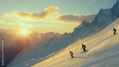 People skiing and snowboarding down a mountain slope in the Alps. Winter ski vacation.