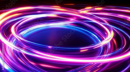 Neon light effect with glowing lines. It has a round abstract frame spinning with energy. The cosmic frame creates a swirl trail effect, making it look like magic. photo