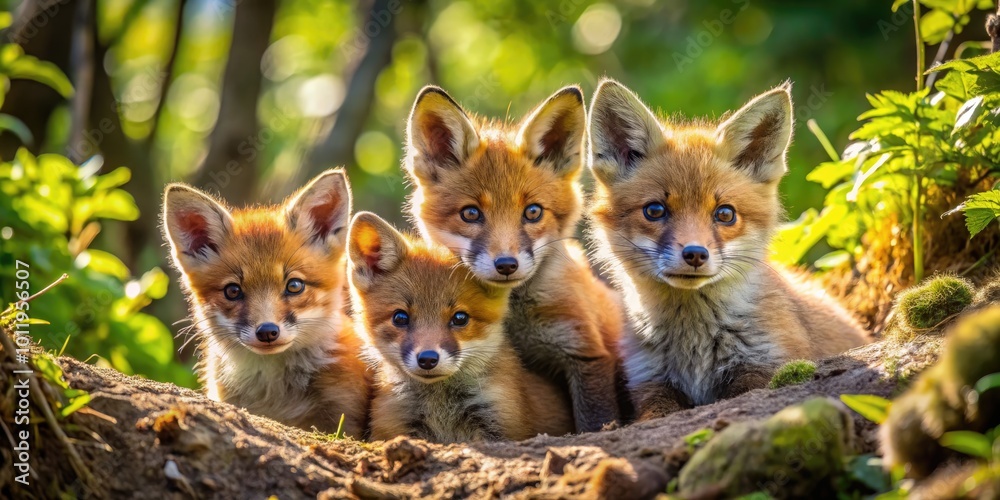 Close-Up Shots of a Fox Den with Kits in Their Natural Habitat During a Sunny Spring Day Close-Up Shots of a Fox Den with Kits in Their Natural Habitat During a Sunny Spring Day