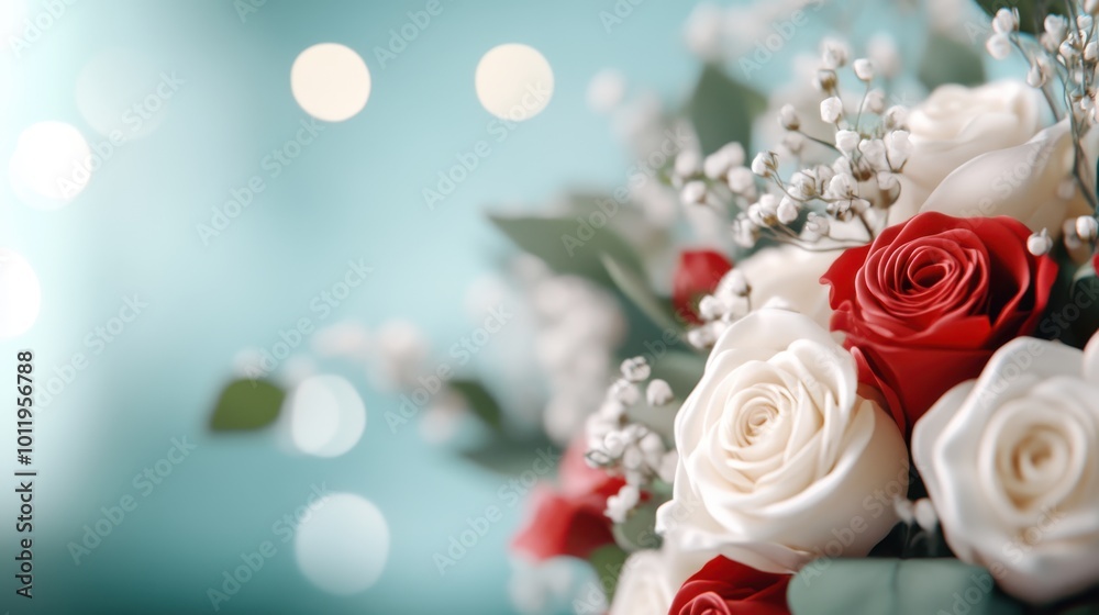 A close-up view showcasing a stunning bouquet of white and red roses, interspersed with delicate white flowers and lush green leaves, forming a perfect arrangement. A close-up view showcasing a stunning bouquet of white and red roses, interspersed with delicate white flowers and lush green leaves, forming a perfect arrangement.