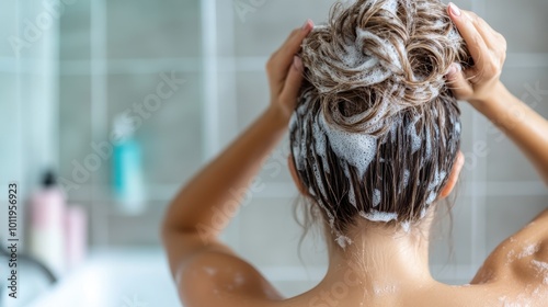 An individual is seen washing their hair with abundant foamy shampoo suds in a bright bathroom, highlighting the importance of hygiene and personal care.