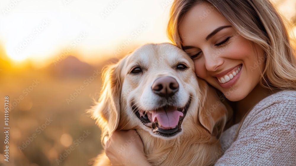 A woman embraces a golden retriever dog in the warm sunset glow, both smiling and enjoying a moment of affection amidst a serene landscape. A woman embraces a golden retriever dog in the warm sunset glow, both smiling and enjoying a moment of affection amidst a serene landscape.