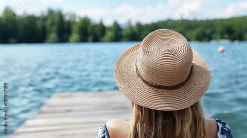 A woman in a brown straw hat enjoys a peaceful moment on a wooden dock by the lake, with lush green trees and a sky full of fluffy clouds around. photo