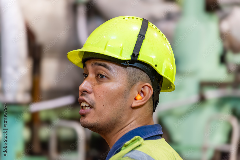 A close-up of the upper body and head of a marine engineer officer, wearing a helmet, focused on performing duties in the engine room during the repair of the ship’s main engine. A close-up of the upper body and head of a marine engineer officer, wearing a helmet, focused on performing duties in the engine room during the repair of the ship’s main engine.