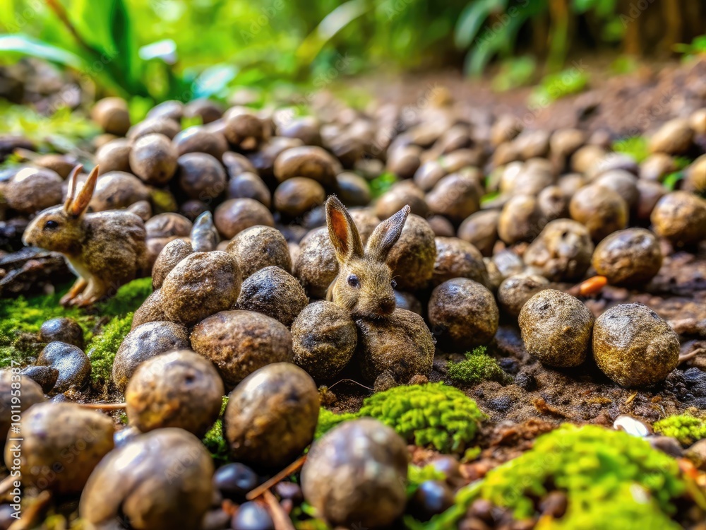 Close-Up View of Rabbit Droppings on Natural Ground Surface Highlighting Their Unique Appearance Close-Up View of Rabbit Droppings on Natural Ground Surface Highlighting Their Unique Appearance