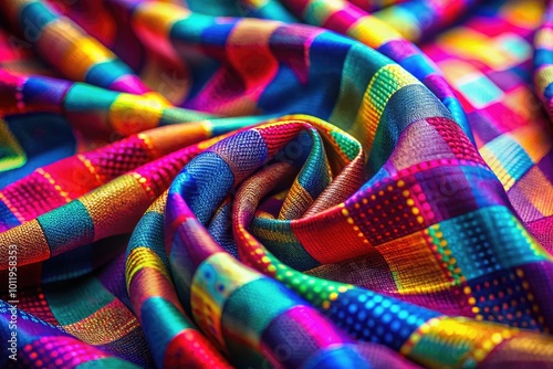 Close-up View of Polyester Fabric Texture Featuring Smooth Surface and Vibrant Color Patterns