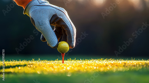 A golfer's hand places a yellow ball on the tee photo