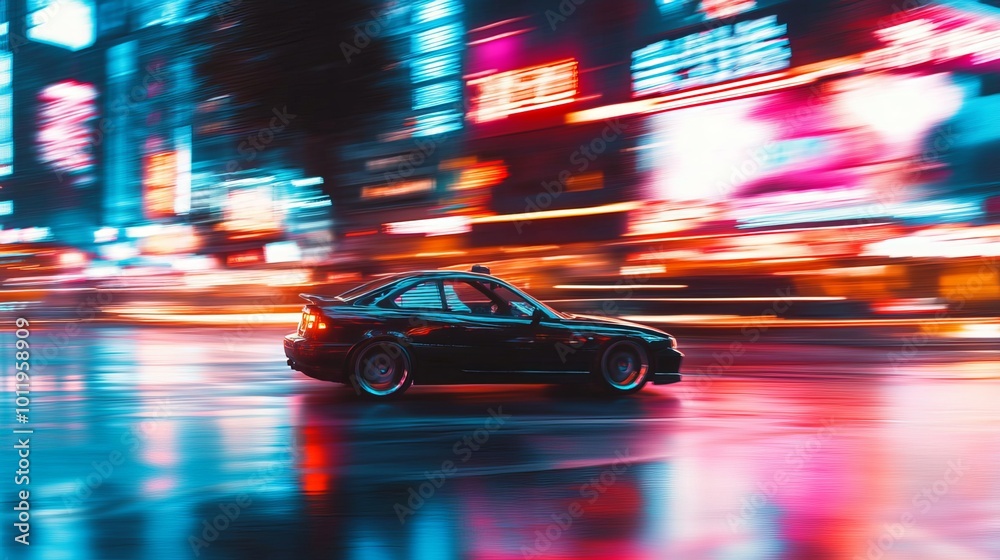 A fast-moving car races through the neon-lit streets of Shanghai, China, at night. A fast-moving car races through the neon-lit streets of Shanghai, China, at night.