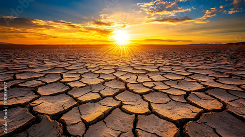 A Striking Sunset over a Cracked Earth Landscape