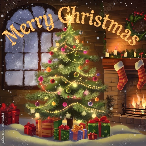 Merry christmas greeting image with decorated christmas tree