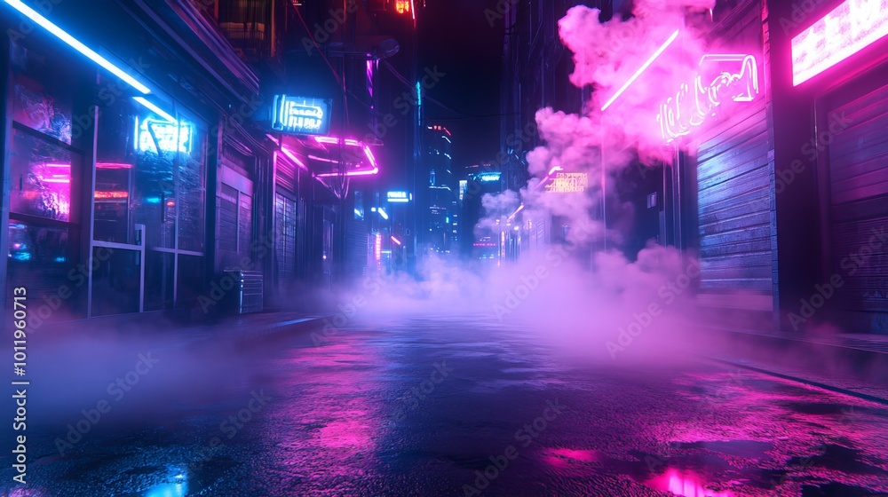 Fototapeta premium A nocturnal scene of an empty street enveloped in darkness and lit by the piercing glow of neon lights. The asphalt floor reflects the eerie illumination, casting long shadows