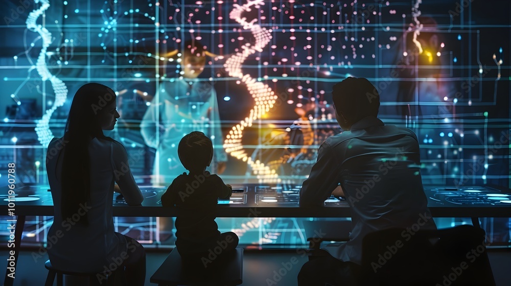Family Reviewing Genetic Enhancement Options for Future Child with Holographic Displays Family Reviewing Genetic Enhancement Options for Future Child with Holographic Displays