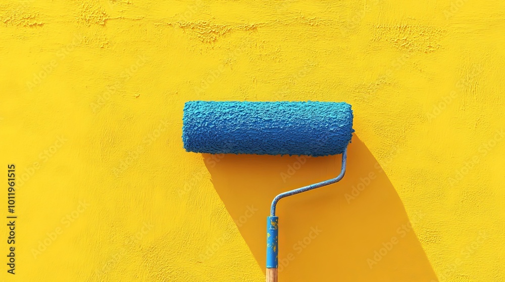 Obraz premium A paint roller, laden with vibrant blue paint, glides effortlessly across a sunny yellow wall, leaving behind a smooth, even coat. The roller's soft bristles caress the wall's surface