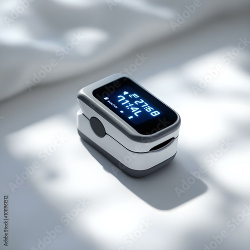 Glossy Oximeter with Soft LED Display on White Surface – Futuristic Healthcare Device Stock Photo