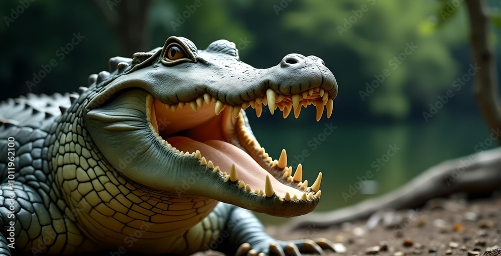 Obraz premium crocodile with powerful jaws and menacing teeth, against a blurred background of nature
