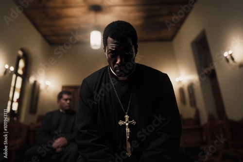 A front-facing portrait of a Black man in priestly attire, solemnly seated during prayer in a softly lit chapel at dusk photo