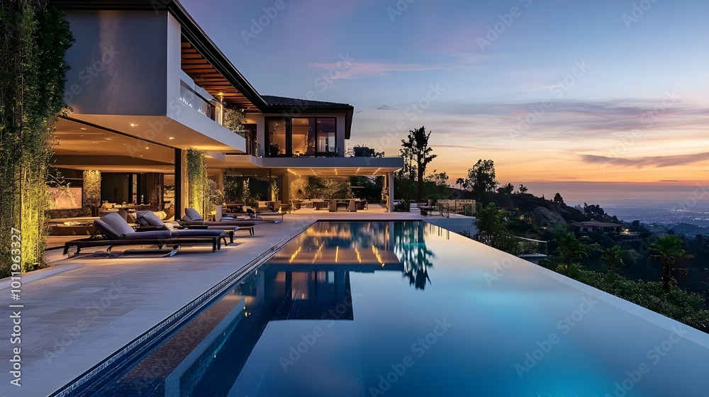 Fototapeta premium A luxury villa with a large swimming pool, modern architecture, and a sunset view, representing high-end living