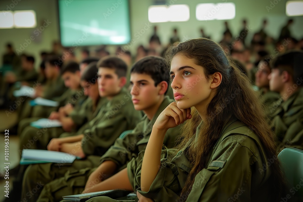 Military cadets of diverse genders and ages attend an enclosed training session, focusing intently on their instructors during a leadership development program Military cadets of diverse genders and ages attend an enclosed training session, focusing intently on their instructors during a leadership development program
