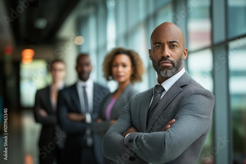 A diverse group of four business colleagues standing confidently in an office setting, showcasing teamwork and professional camaraderie during a meeting