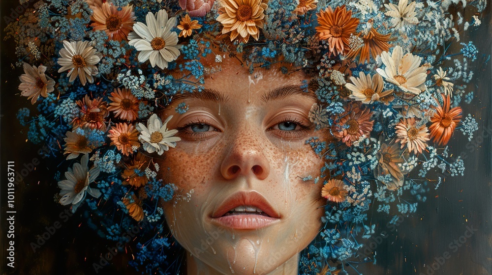 Woman Surrounded by Flowers - A Dreamy Portrait Woman Surrounded by Flowers - A Dreamy Portrait