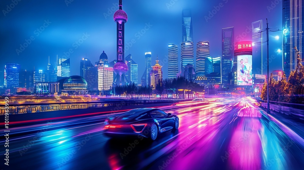 Naklejka premium A speeding car races through the neon-lit streets of Shanghai at night, its sleek lines blurring as it zips past skyscrapers and traditional Chinese architecture.
