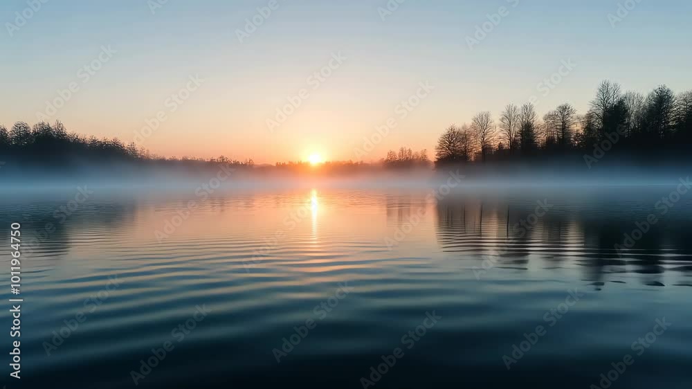 Serene sunrise over calm lake with mist and trees, peaceful nature concept Serene sunrise over calm lake with mist and trees, peaceful nature concept